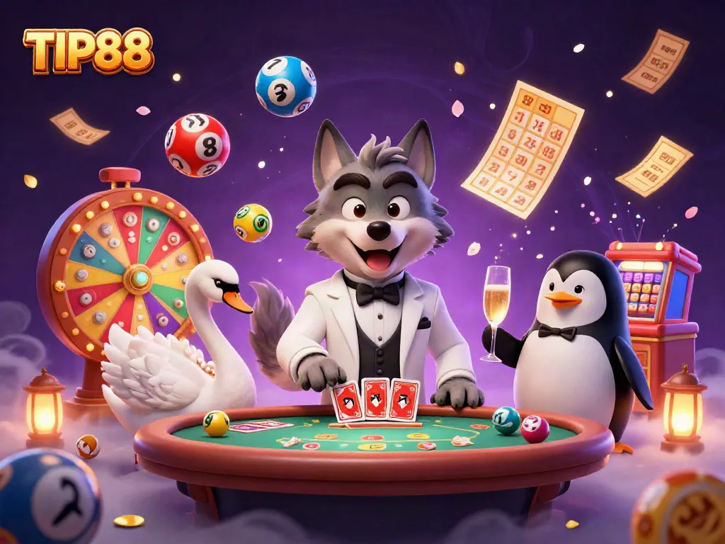 Experience the vibrant atmosphere of TIP88 with a debonair wolf and elegant characters at a lively casino scene.