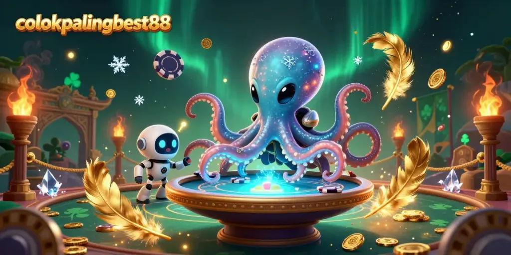 Play thrilling games at colokpalingbest88, featuring a dynamic casino scene with alien characters and poker elements.
