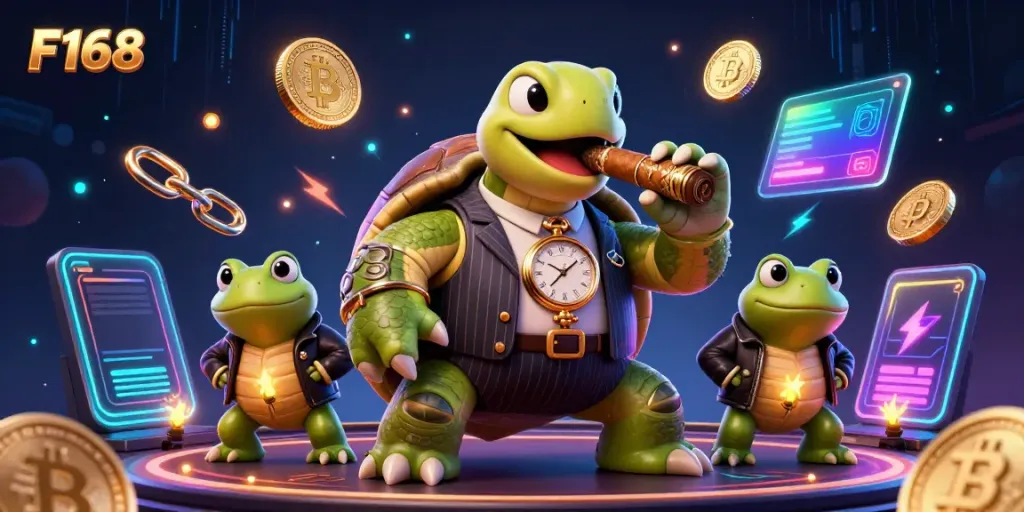 Experience F168's vibrant online casino with a dynamic scene of a turtle mobster and frog enforcers amidst crypto elements.