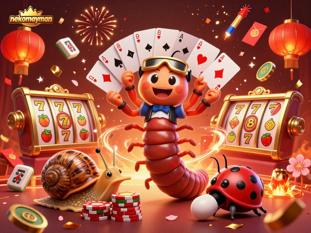 Neko May Mắn showcases thrilling slot adventures with 3D animated characters and vibrant casino elements.