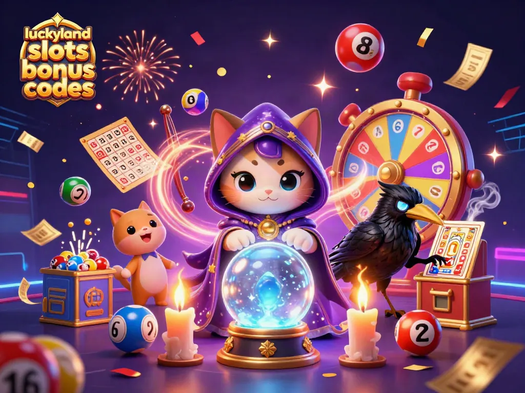 Experience thrill with luckyland slots bonus codes featuring vibrant casino symbols and mystical characters in a captivating scene.