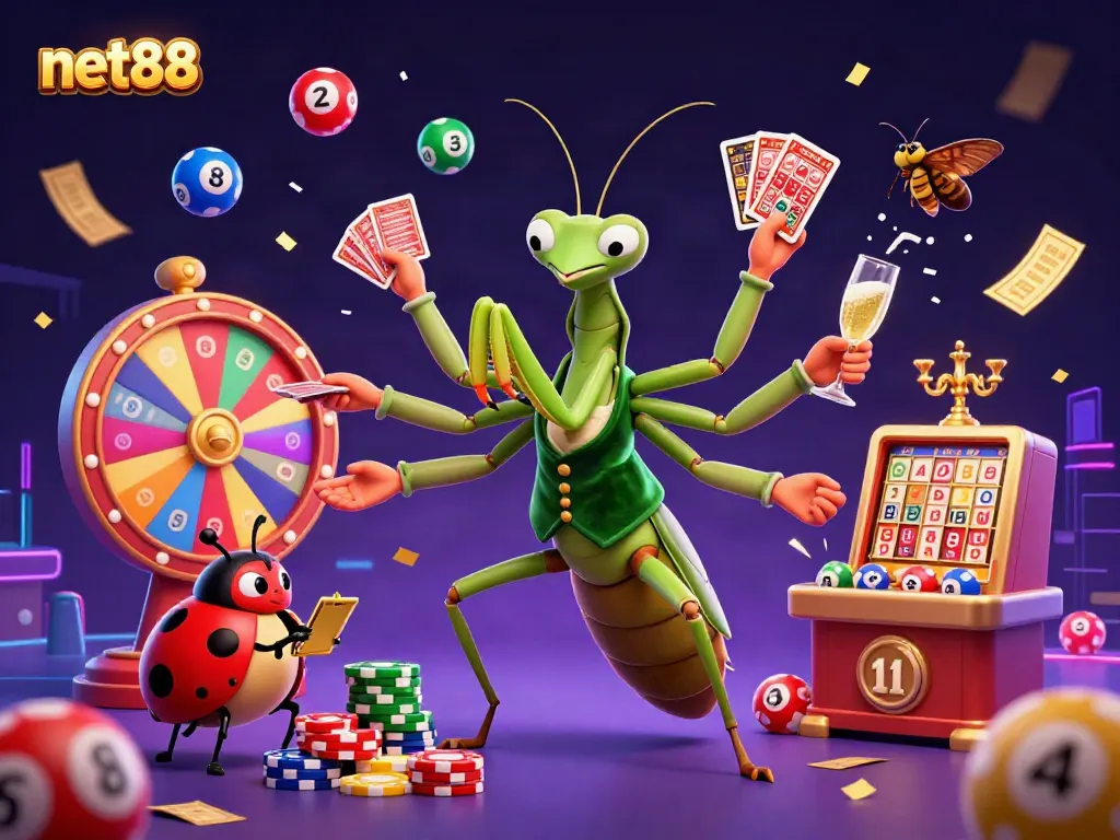 Experience dynamic gambling excitement with net88 as characters deal cards and celebrate wins.