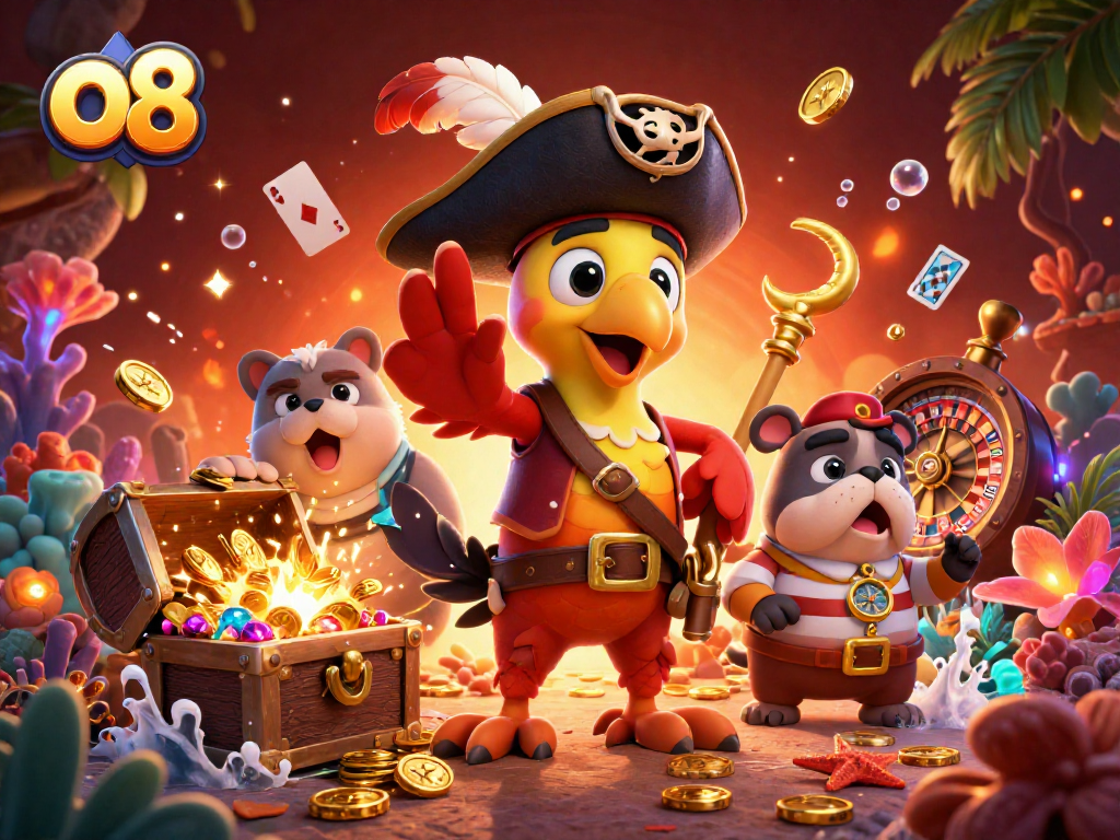 Experience thrilling wins at o8 as the pirate captain leads with treasure around gaming elements like cards and roulette.
