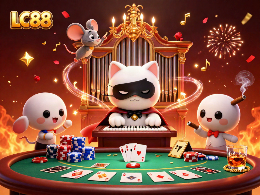 Engage with LC88 as a cartoon cat plays organ surrounded by casino icons and festive elements.