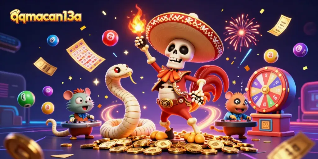 Engage with qqmacan13a's vibrant gaming world through this lively illustration of jackpots and prizes.