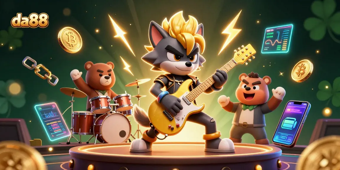 Experience the thrill of da88 with a rock star wolf and drummer bear amidst glowing crypto elements.