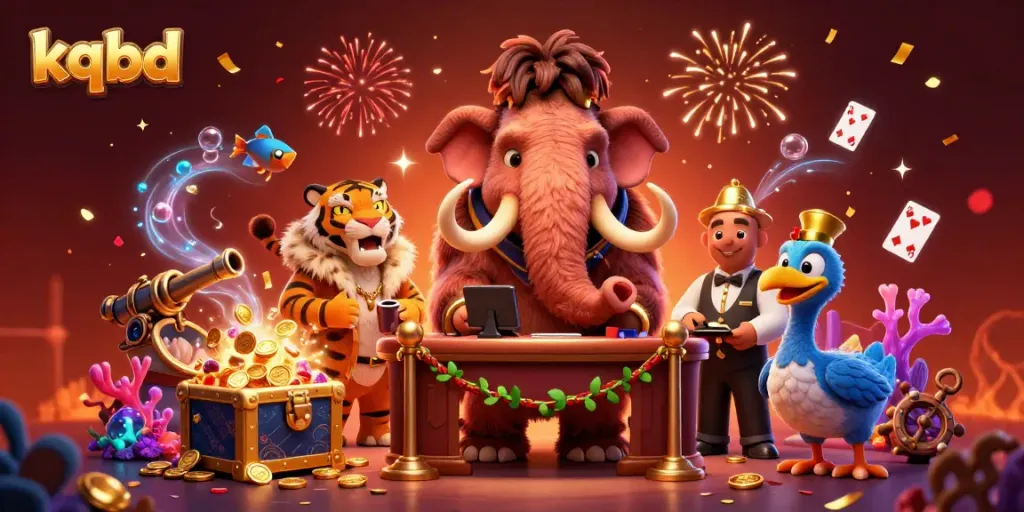 kqbd reflects a vibrant casino atmosphere with colorful treasures and characters in an engaging scene.