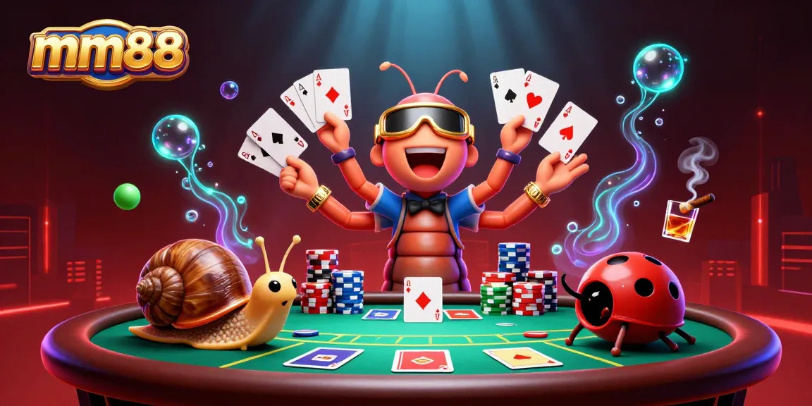 Engage with mm88 at a vibrant poker scene featuring a millipede dealer and high-roller snail.