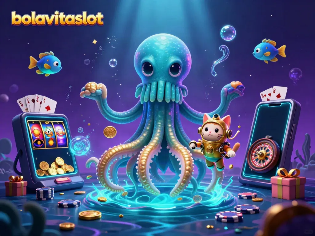 Play exciting slots with bolavitaslot showcasing a kraken and a diving cat surrounded by vibrant casino elements.