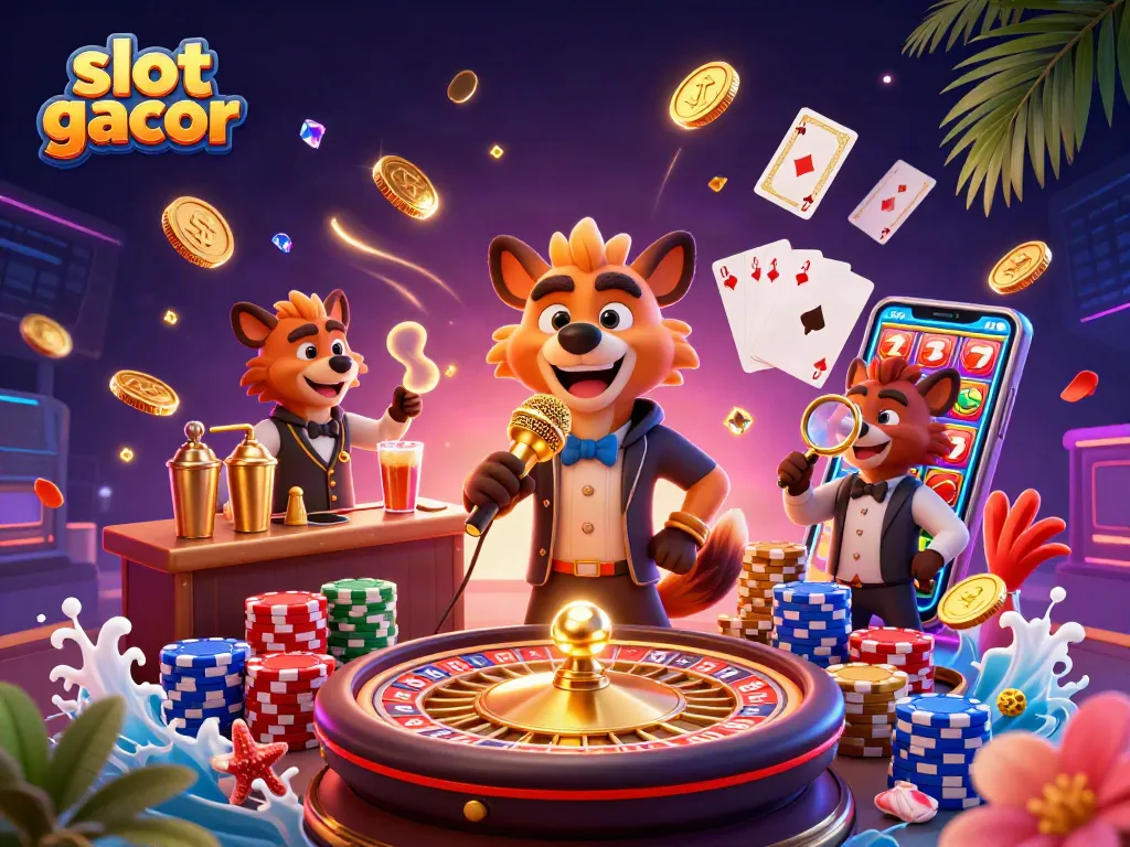 Engage with slot gacor in a dynamic casino scene featuring hyenas, golden coins, and vibrant game elements.