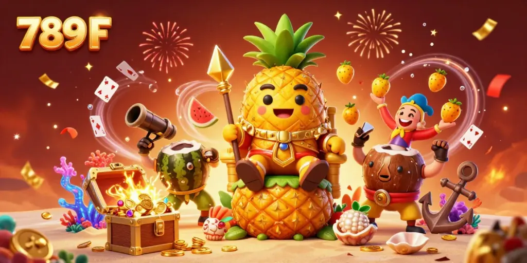 Experience the vibrant beach casino environment with 789 F's golden pineapple king and dynamic characters.