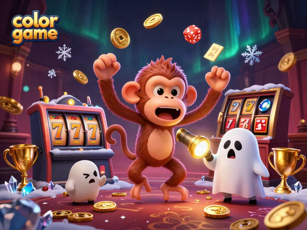 Engage in the thrilling color game as a mischievous monkey juggles golden coins in a haunted casino scene.