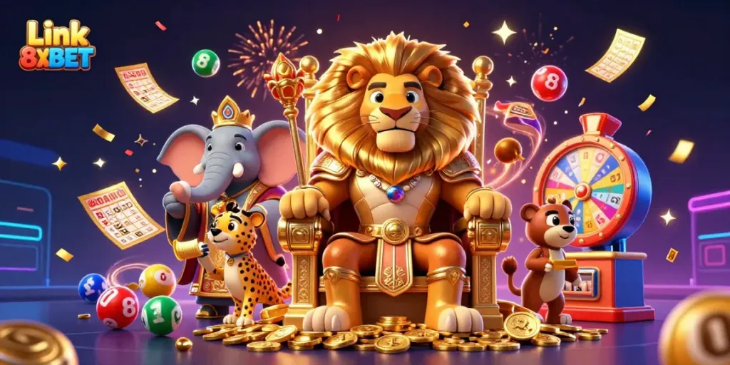 Experience thrilling moments with Link 8XBET, featuring a regal lion king, wise elephant advisor, and dynamic gameplay elements.
