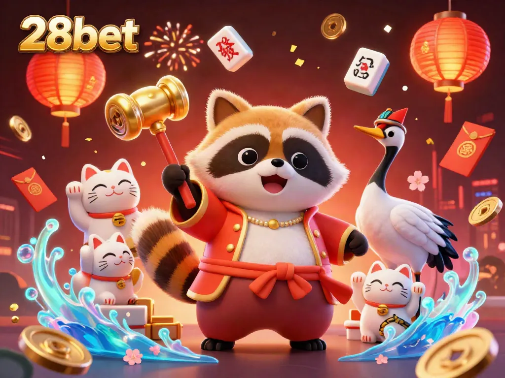 Experience the thrill of 28bet with vibrant characters and festive casino elements surrounded by joy and luck.