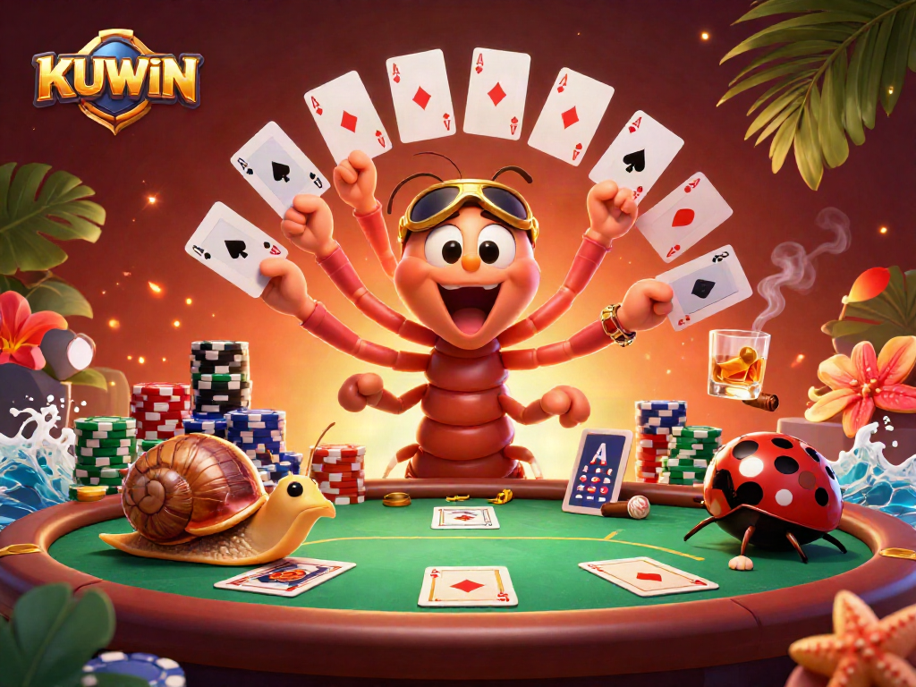KUWIN dealer, snail high-roller, and pill bug in dynamic casino scene with vibrant colors.