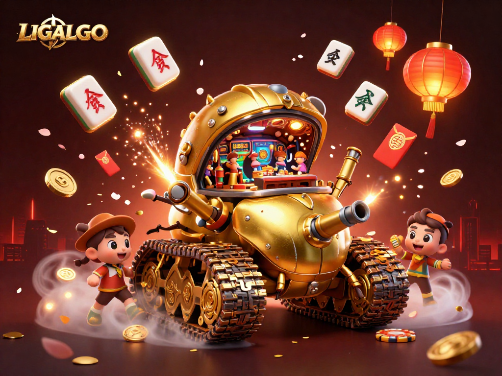 LIGALGO's dazzling miniature casino within a dynamic golden beetle tank, erupting in confetti and coins.