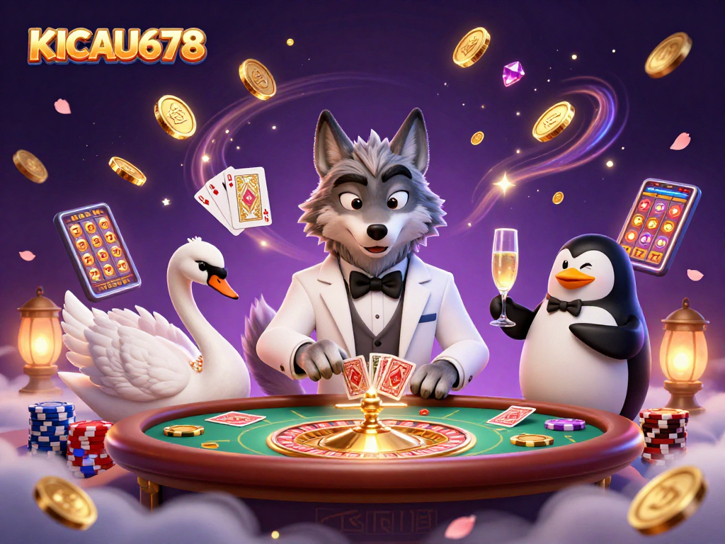 KICAU678 captivates with a lively baccarat scene featuring a debonair wolf, a card-dealing swan, and a penguin sommelier