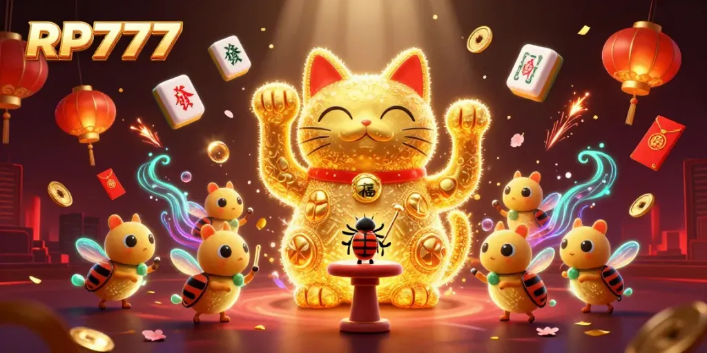 Experience the vibrant energy of RP777 with golden lucky cat fireworks and casino symbols.