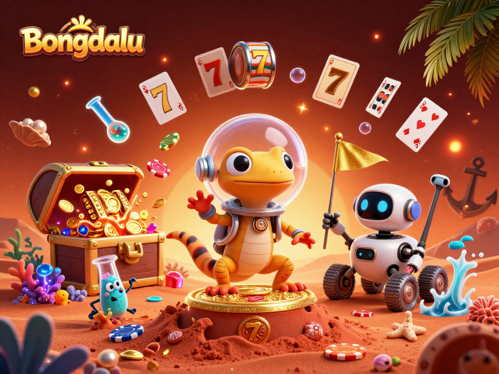 Bongdalu showcases a Martian gecko uncovering a golden casino amid vivid gambling elements.