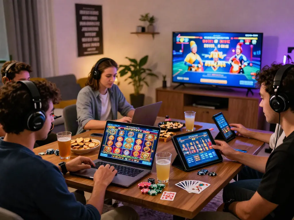 Players engaging in slot games together while comparing online providers in a cozy living room.