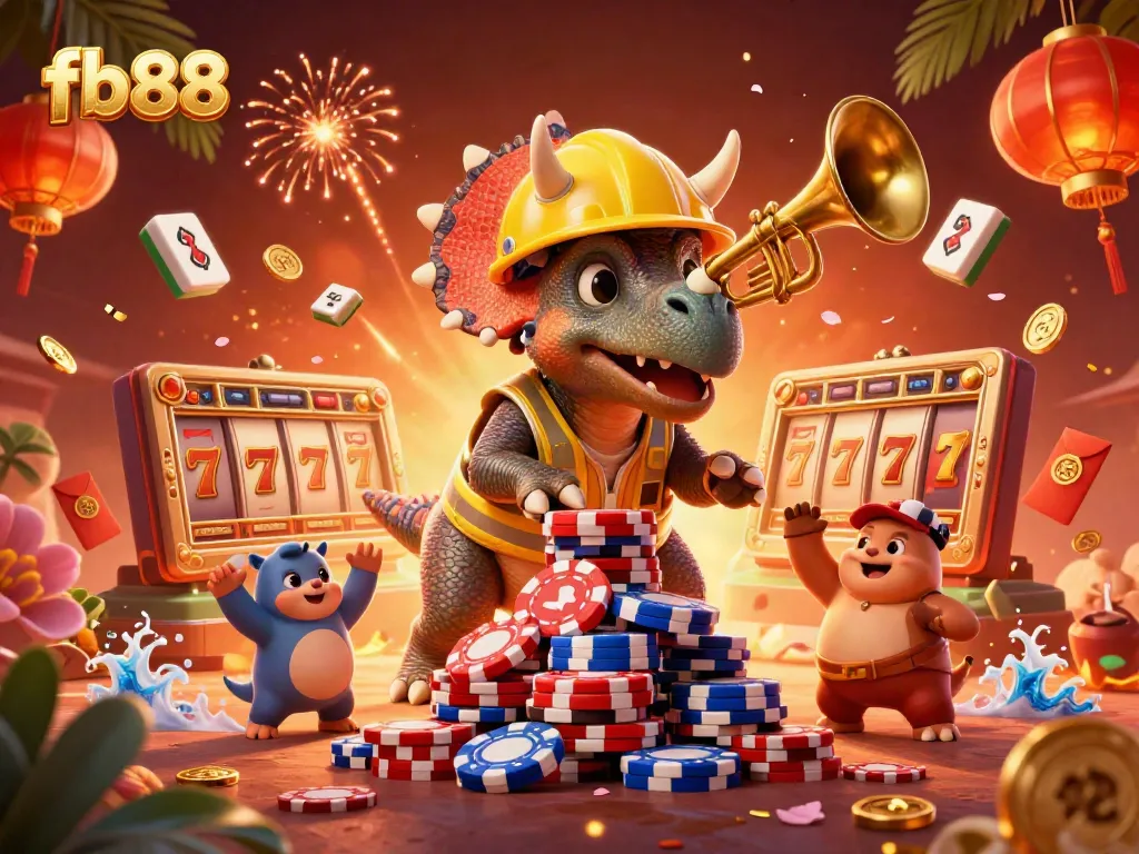 Players celebrate their fb88 wins in a vibrant casino illustration filled with festive elements.