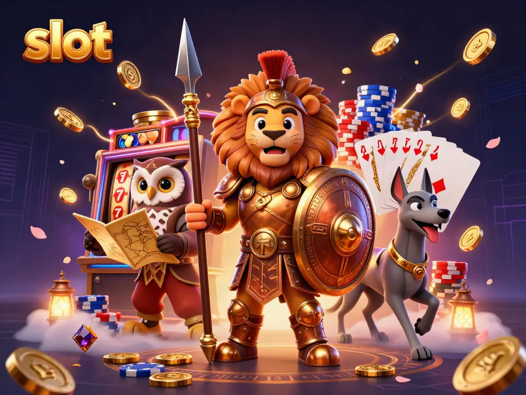 Spin slots with a 3D Spartan lion and owl strategist in a vibrant casino scene filled with gold.