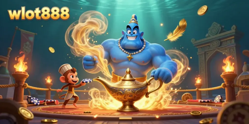 Wslot888 menghadirkan kasino bertema dengan karakter genie dan koin emas bertebaran.