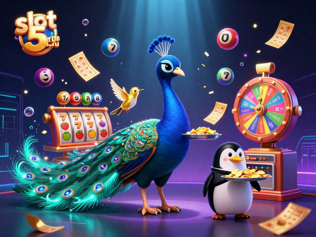 Win at the slot 5 ribu with a vibrant casino scene featuring lively characters and dynamic game elements.