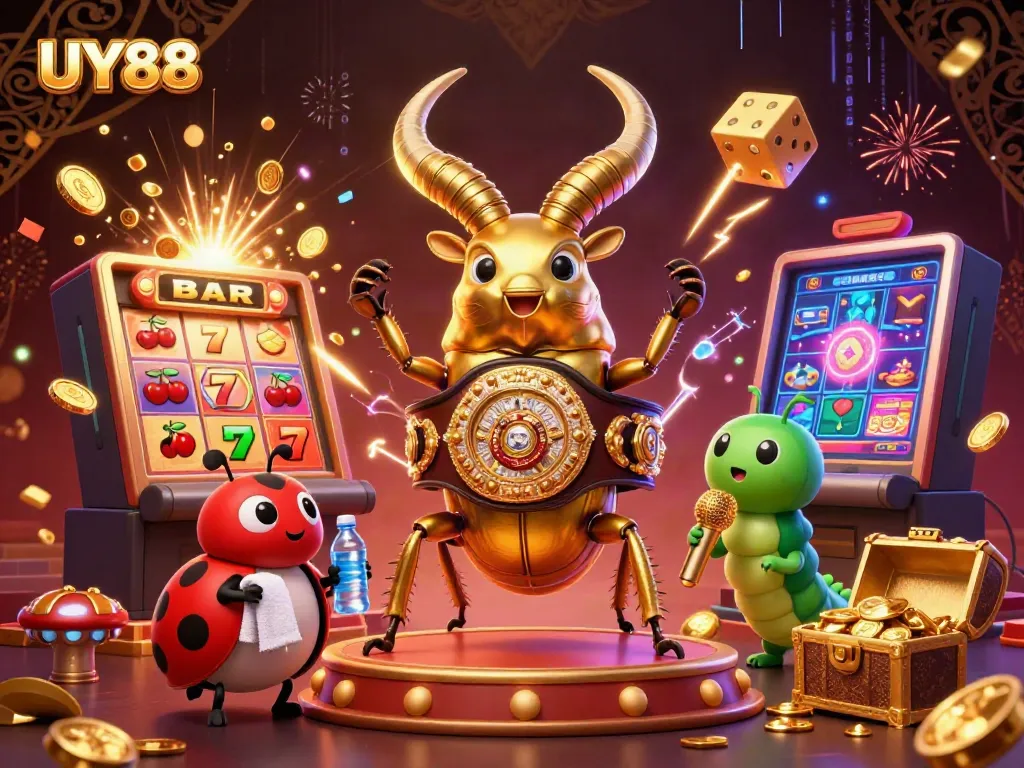 Engage with UY88's thrilling casino experience, showcasing vibrant slot machines and dynamic characters.