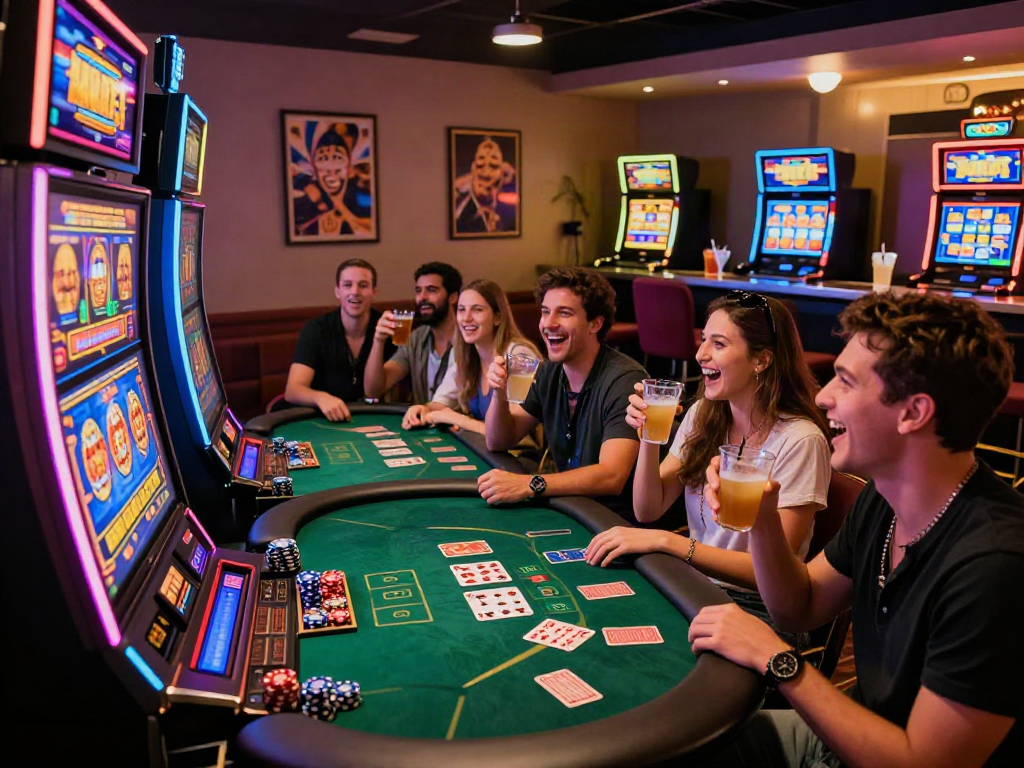Friends enjoying a fun gambling night around an online slot machine, rutanslot theme.