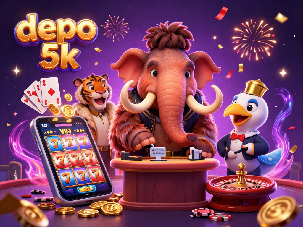 Spin and win with depo 5k in this vibrant casino scene featuring charismatic characters and exciting game elements.