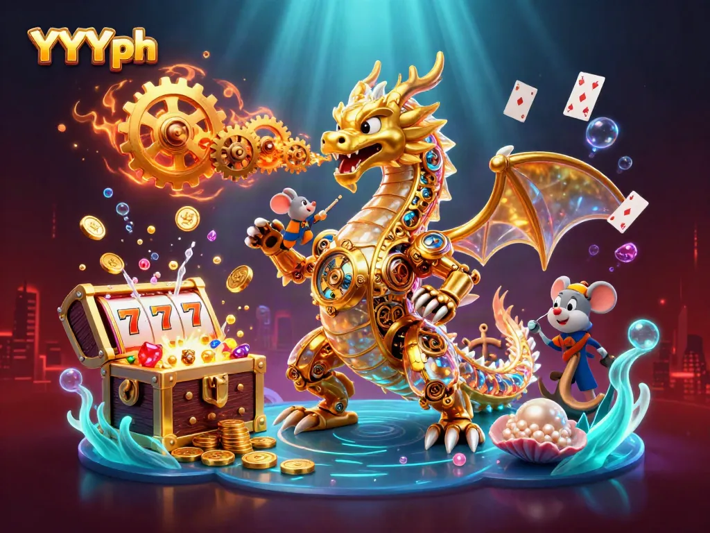 Experience exciting gameplay at YYYph with a golden dragon and vibrant slot visuals in a dynamic casino illustration.