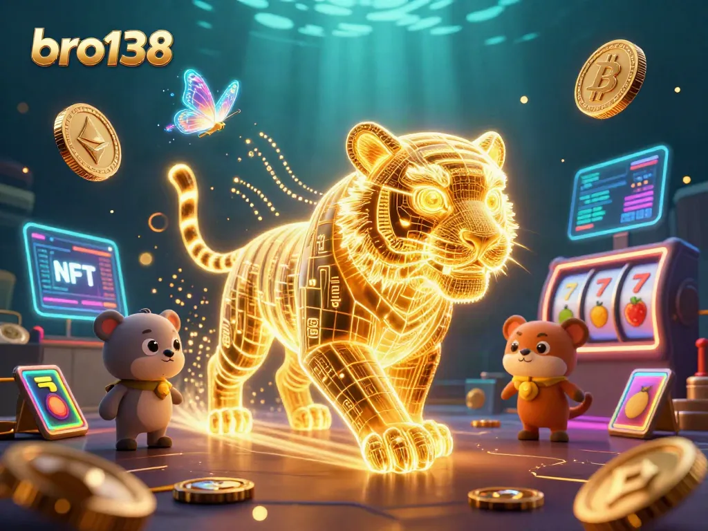 Join the excitement at bro138 with a golden tiger navigating a vibrant digital casino landscape