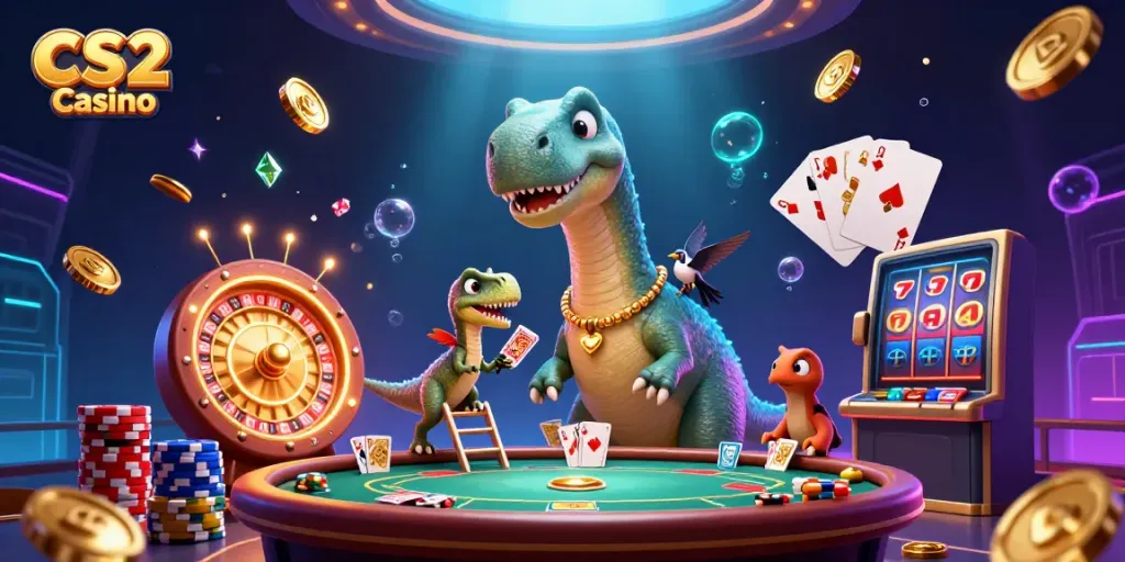 Experience the excitement of CS2 Casino with a towering brontosaurus and clever raptor in this vibrant scene full of games.