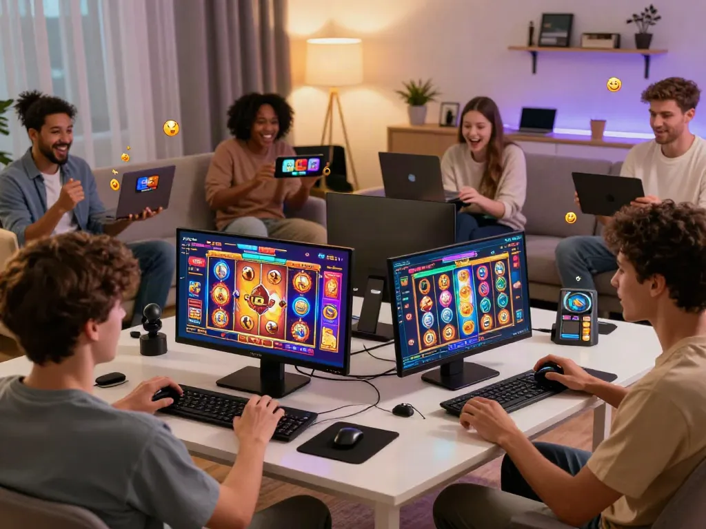 Exciting players enjoying a variety of slot games on multiple devices, highlighting the thrill of online gaming.