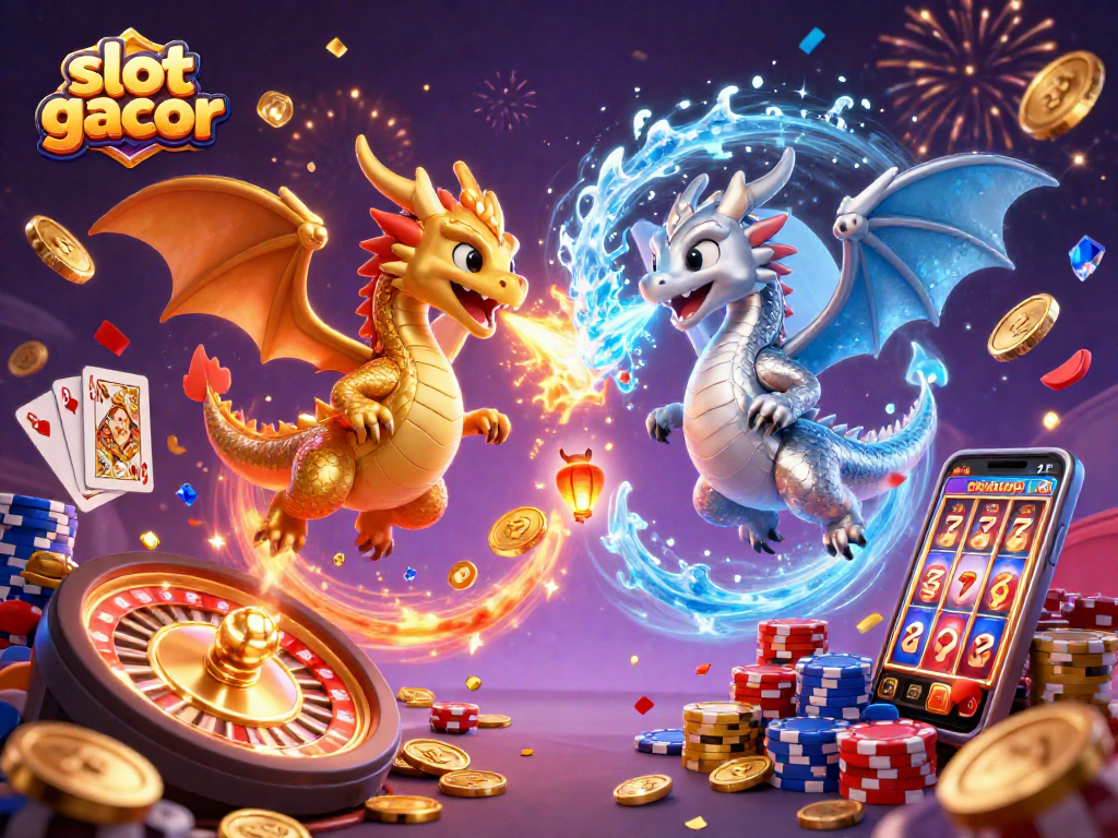 Experience the thrill of slot gacor with vibrant dragons and dynamic casino elements.