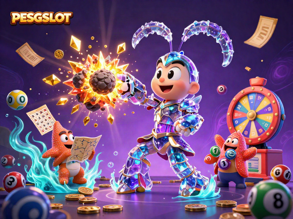 PESGSLOT showcases a vibrant 3D scene of a galactic samurai mantis shrimp and starfish amidst lottery elements.