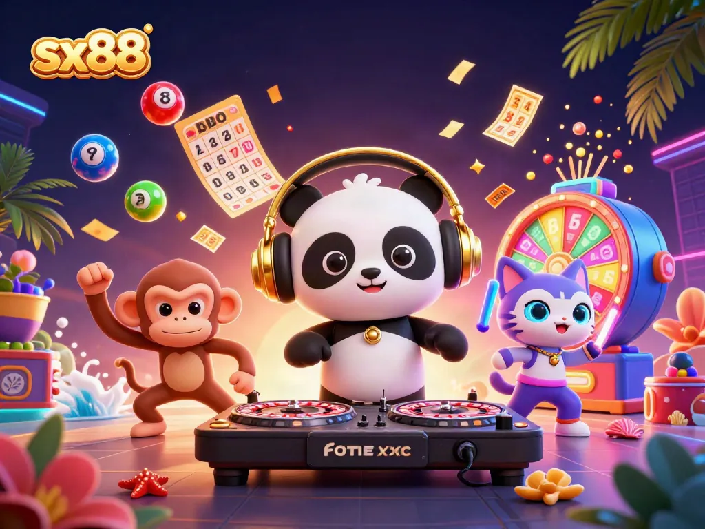 Experience the gaming excitement at sx88 with a vibrant 3D casino scene packed with fun elements.