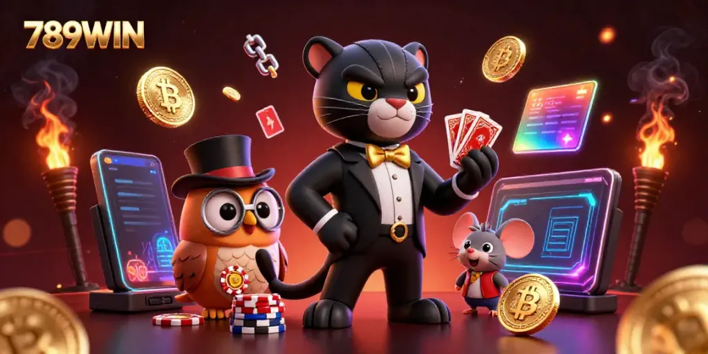 Win big with 789WIN in a vibrant 3D casino scene featuring playful characters!