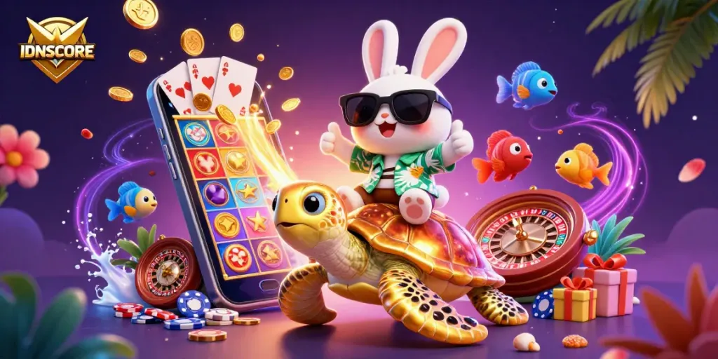 IDNSCORE enhances gaming excitement with vibrant characters riding a turtle amid swirling slot game elements