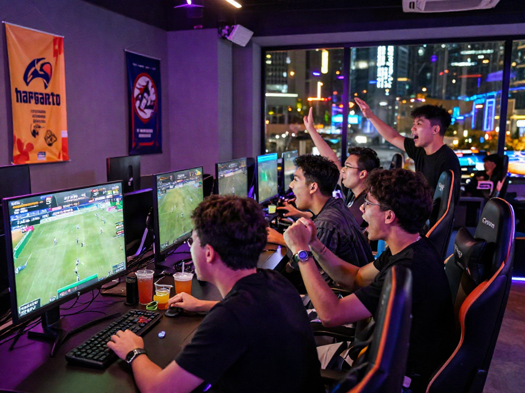 Exciting gaming lounge scene with friends cheering for hargatoto betting during a live sports event.