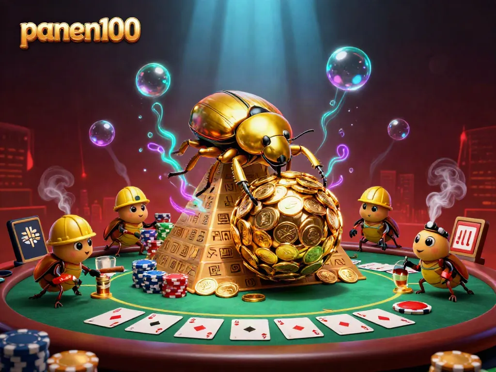 Panen100 showcases a cartoon beetle symbolizing gambling riches, rolling golden coins.