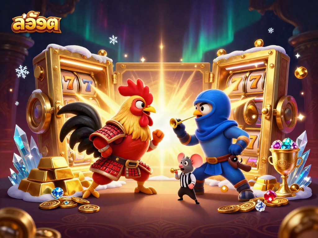 Experience thrilling slots action with สล็อต-themed fighting roosters in an exciting showdown.