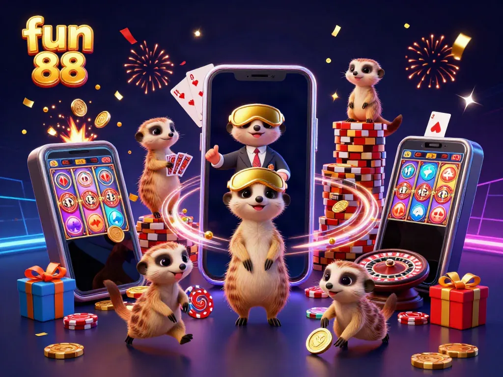Experience fun 88 with meerkats in a vibrant casino scene showcasing excitement and games.