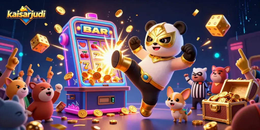 Kaisarjudi offers thrilling action with a panda wrestler flying in a casino scene bursting with excitement.