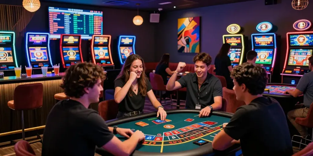 Exciting crypto casino gaming scene with players at digital tables and vibrant atmosphere