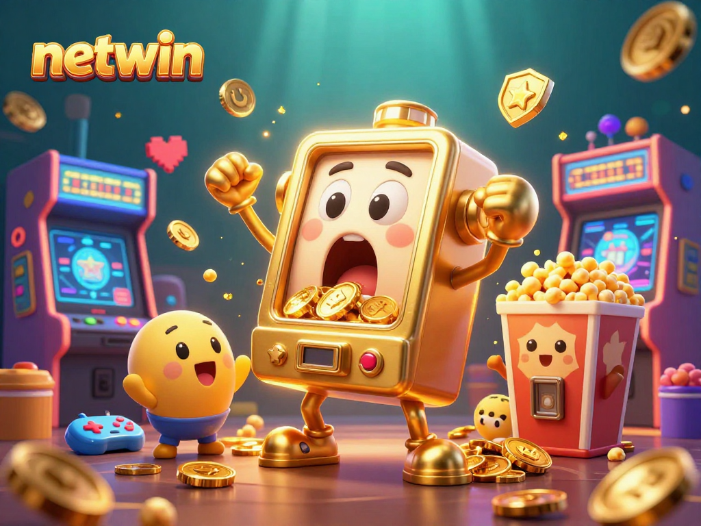 Experience the excitement of netwin with a golden slot machine celebrating its jackpot surrounded by cheering companions.