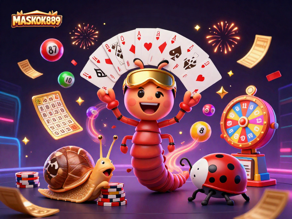 Experience the excitement of MASKOKI889 with a lively scene of a millipede dealer, vibrant lottery balls, and festive elements.