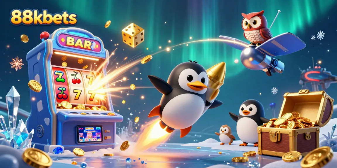 88kbets showcases a golden penguin racing towards a casino station amidst a jackpot explosion.