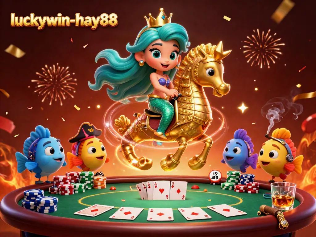 Experience the thrill of luckywin-hay88 with a dynamic mermaid scene at a colorful poker table.